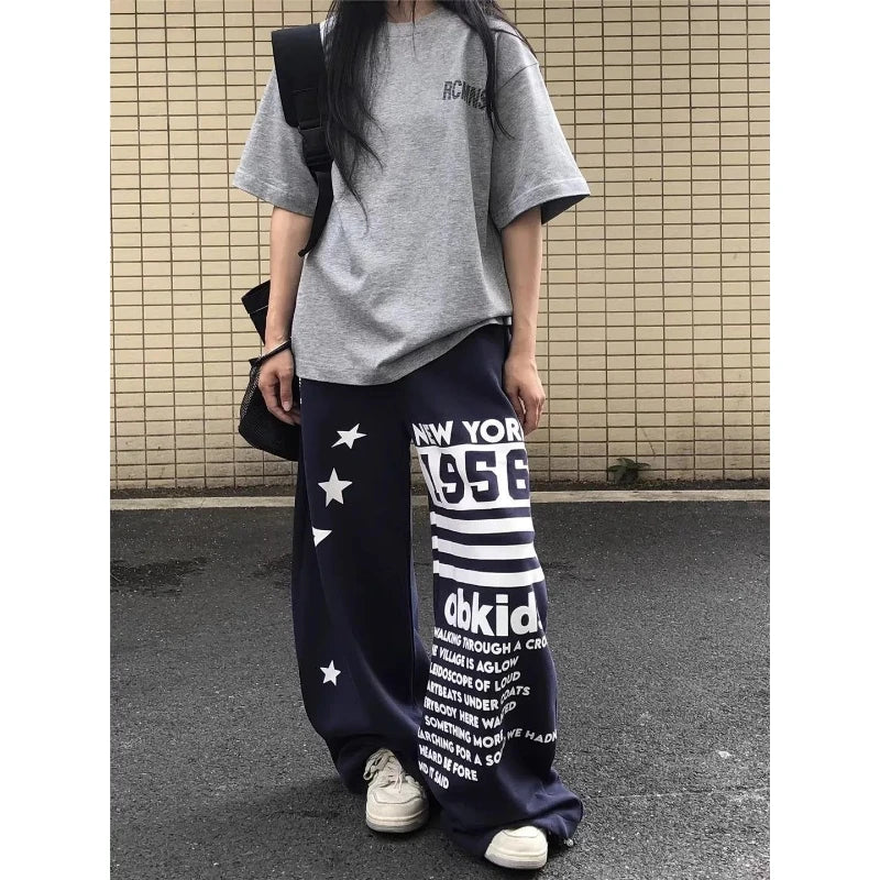 Women's Hiphop Letter Star Print Sports Casual Sweatpants Summer Trousers Girl Wide Leg Bottoms Female High Waisted Thin Pants