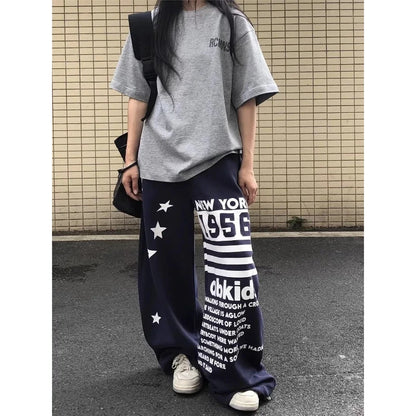 Women's Hiphop Letter Star Print Sports Casual Sweatpants Summer Trousers Girl Wide Leg Bottoms Female High Waisted Thin Pants