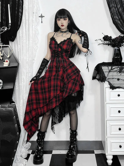 Women's Plaid Lace Spaghetti-Strap Midi Dress
