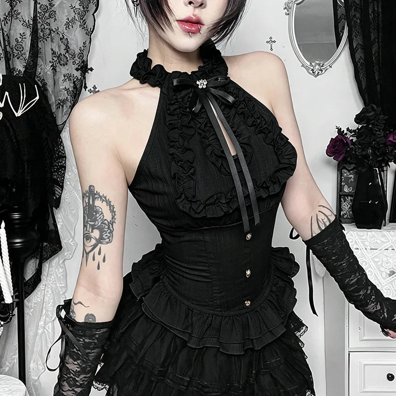 Women Blouses Trim Off Shoulder Halter Tops Mall Gothic Ruched Bow Tanks Top Fairycore Teachwear Summer Vests