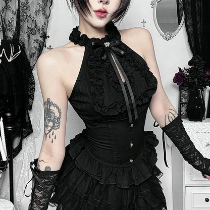 Women Blouses Trim Off Shoulder Halter Tops Mall Gothic Ruched Bow Tanks Top Fairycore Teachwear Summer Vests
