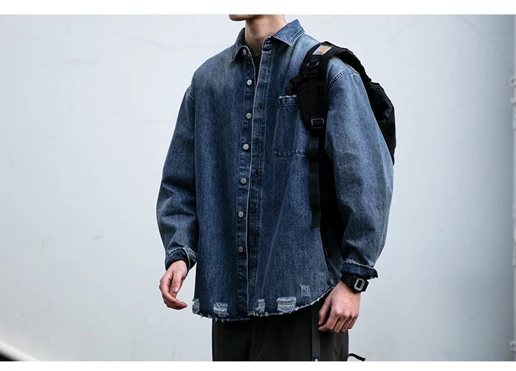 American Streetwear Wash Denim Shirts For Men Harajuku Casual Men'S Clothing Vintage Blue Lapel Cargo Coat Korean Long Sleeve