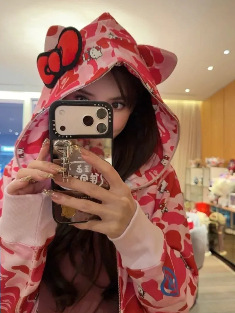 In  Stock  Anime Hello Kittys Hooded Jacket Girl Commuting Coat Jacket Kuromi Anime 3d Ears Hooded Cute Leopard Print Clothes
