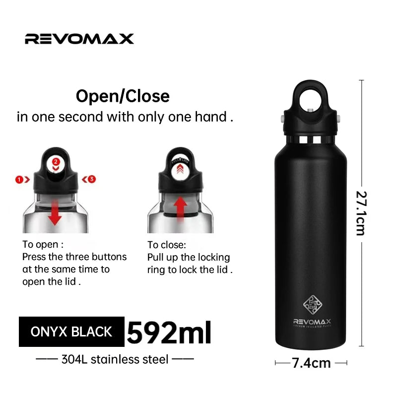 RevoMax-Double Wall Insulated Water Bottle, Outdoor Travel Sports Bottles, Stainless Steel Thermos for Tea, Thermal Cup, 600ml