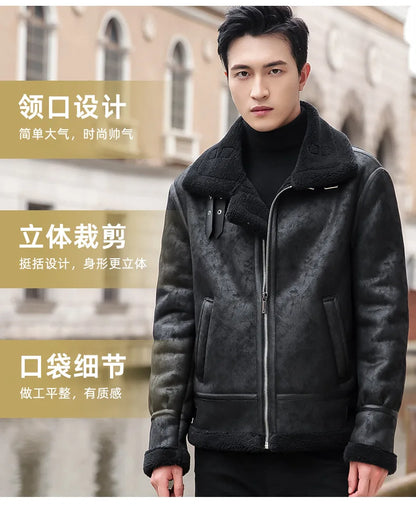 Fashion Solid Slim Korean Style Leather Coat Fleece Jacket Men Leather Jacket Winter Faux Fur Collar Windproof Warm Clothing