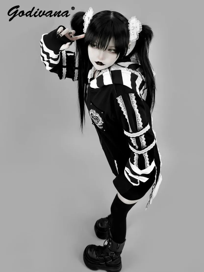 Japanese Harajuku Style Bow Sweet Cool Long-Ear Hooded Lace Trim Color-Block Zipper Long Cardigan Coat Gothic Hoodie Jacket