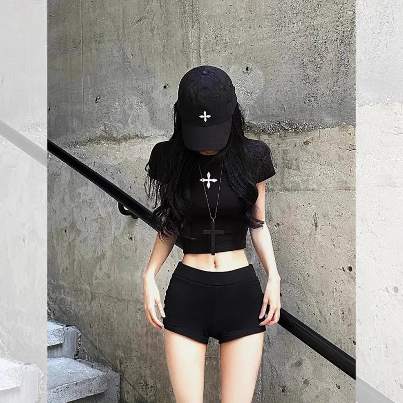 Spicy Short Sleeve Cotton T-Shirt Women's Summer Slim Fit Black Printed Top Korean Style Commute Fashion Belly Button Outfit