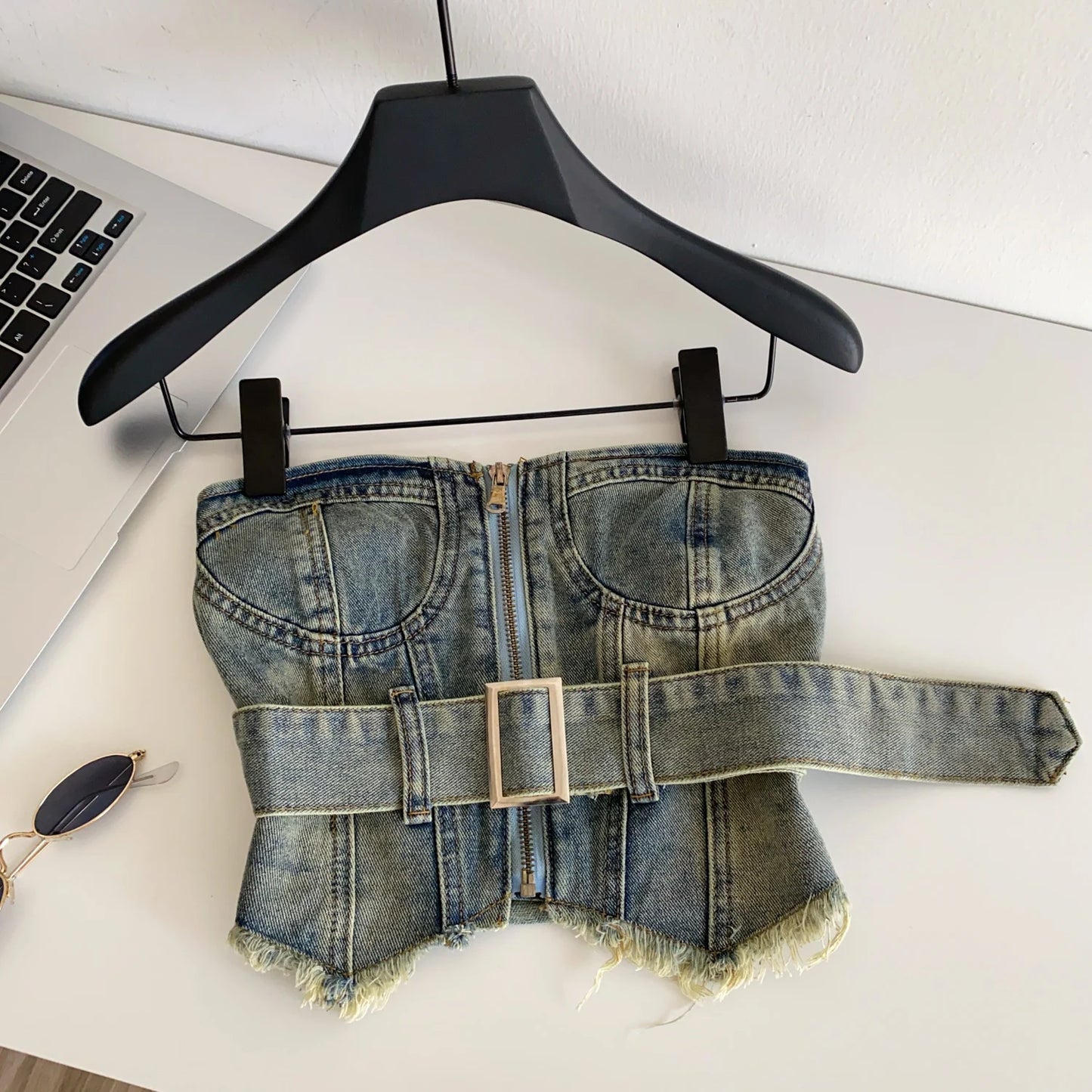 SINGREINY Vintage Denim Strapless Camis Backless Irregular Raw Hem Slim Distressed Crop Top Ladies Sashes Sexy Club Lingerie Top