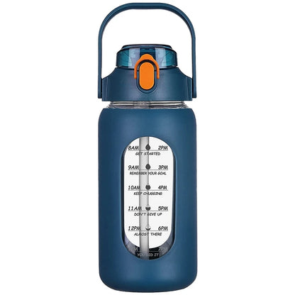 1000ML Glass Water Bottles With Straw, Glass Bottle With Silicone Sleeve And Time Marker, For Gym Camping Home Office