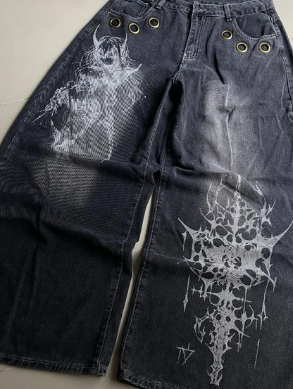 American New Fashion Oversized Pattern Printed Washed Jeans Men Y2K Gothic Rock Popular Casual Joker High Waist Wide Leg Pants
