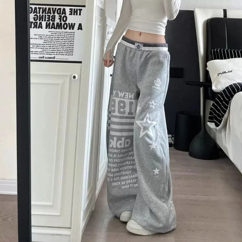 Women's Hiphop Letter Star Print Sports Casual Sweatpants Summer Trousers Girl Wide Leg Bottoms Female High Waisted Thin Pants