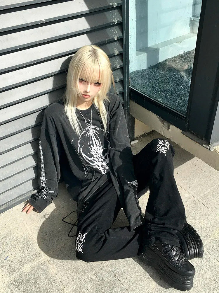 Women Grey Torn T-shirt Harajuku Korean Y2k Tees Top Vintage 90s Aesthetic Long Sleeve T-shirt 2000s Trashy Fashion Clothes