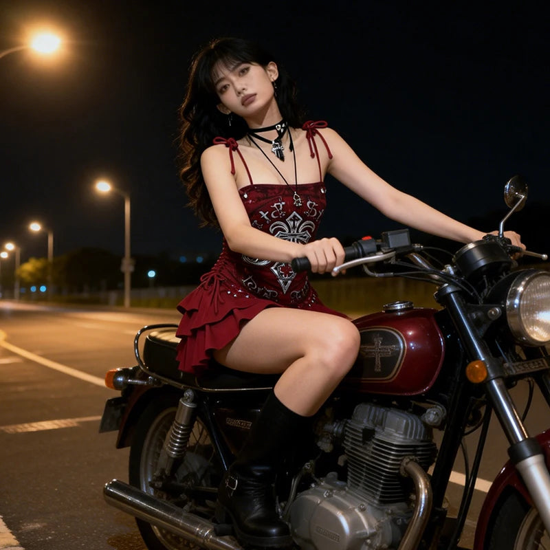 Women's Gothic Lace-Up Pleated Mini Dress