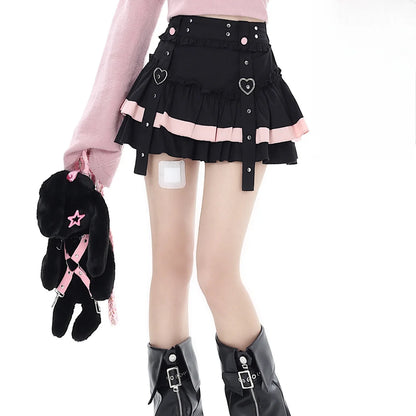Original Gothic Y2K Sweet Strap Lace Puffy Cake Skirt Autumn New Chic Spicy Girl High Waist Slimming Mini Skirts for Women