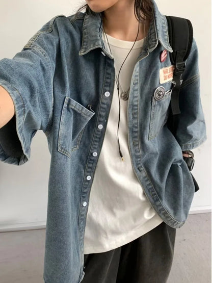 Harajuku Tooling Mens Sets 2024 Summer American Street Retro Denim Suit Hip Hop Printed Cowboy Shirt+Wide Leg Jeans 2-pcs New