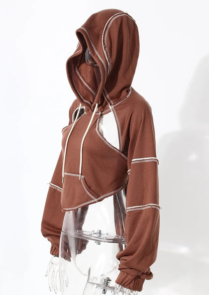 Women Hooded Sweatshirt Color Clashing Bright Line Short Top Ladies Fashion Layering Hoodie Long Sleeved Tops Hiphop Style