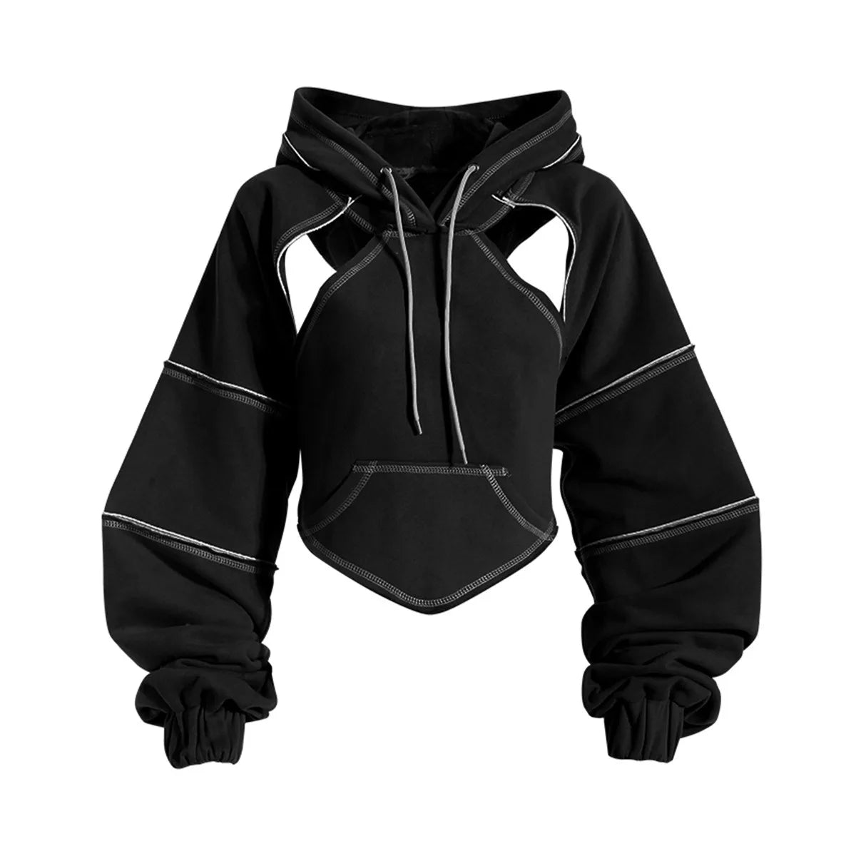 Women Hooded Sweatshirt Color Clashing Bright Line Short Top Ladies Fashion Layering Hoodie Long Sleeved Tops Hiphop Style