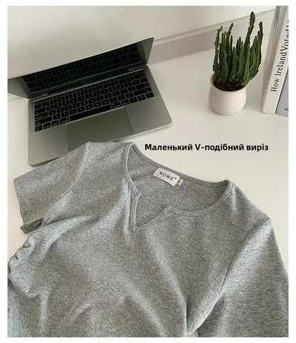 レディース アシンメトリー ドローストリング VネックTシャツ