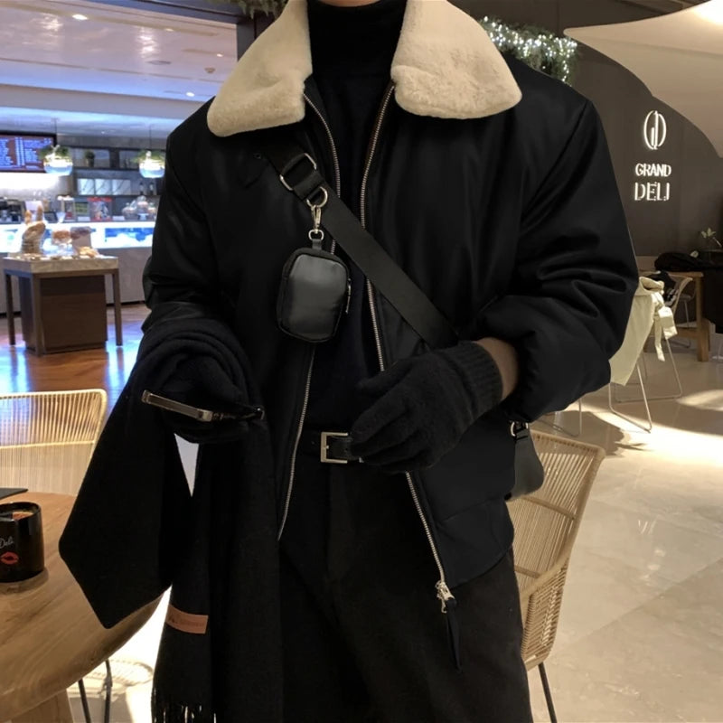 Winter Jacket Men Warm Fashion Casual Thickened Leather Jacket Men Streetwear Korean Loose Short Coat Mens Thick Leather Coat