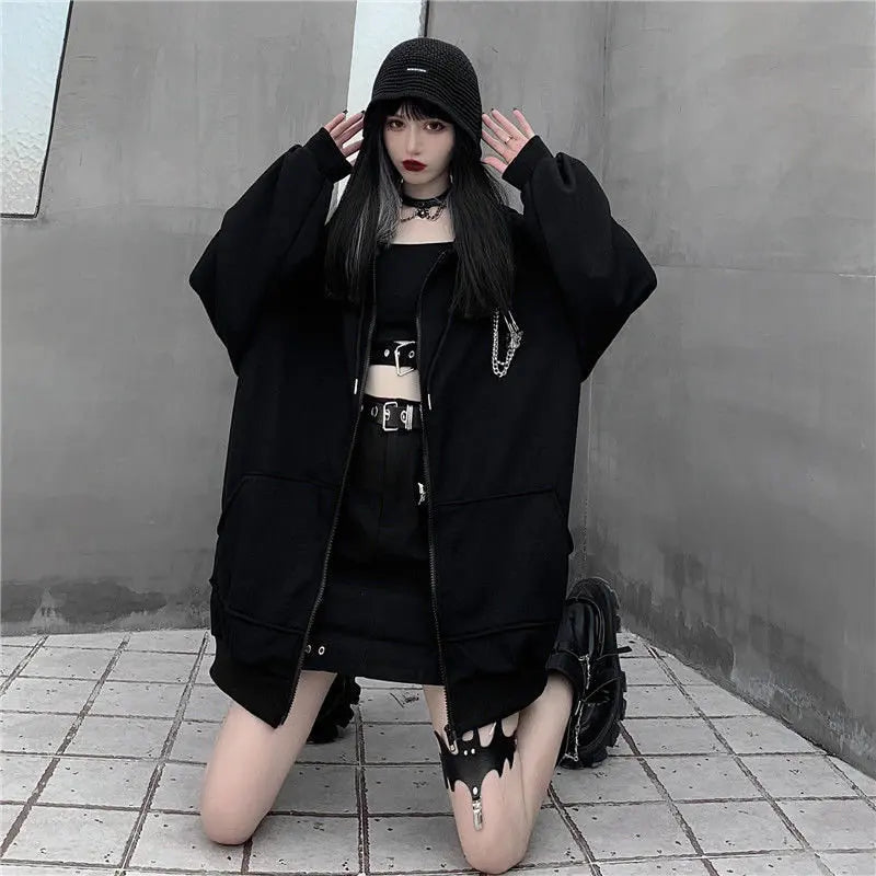Autumn Womens Harajuku Punk Gothic Girls Black Devil Horn Hoodies Sweatshirt Hooded Japanese Hip Pop Plus Size Top Y2k Clothes