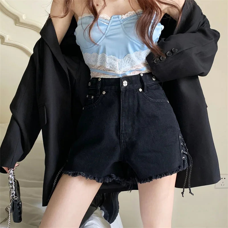 High Waist plus Size Slimming A-Line Wide Leg Super Short Hot Girl Denim Shorts Women's Summer Trendy Black Jeans  Skirt