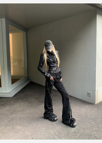 Lautaro Spring Autumn Cool Handsome Short Black Fitted Pu Leather Jacket Women Long Sleeve Zip Up Luxury Designer Clothing 2025