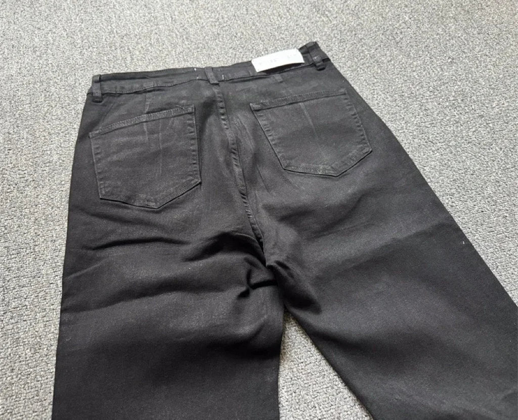 American retro heavy industry men and women black gothic retro casual loose jeans High street coated micro-flare jeans