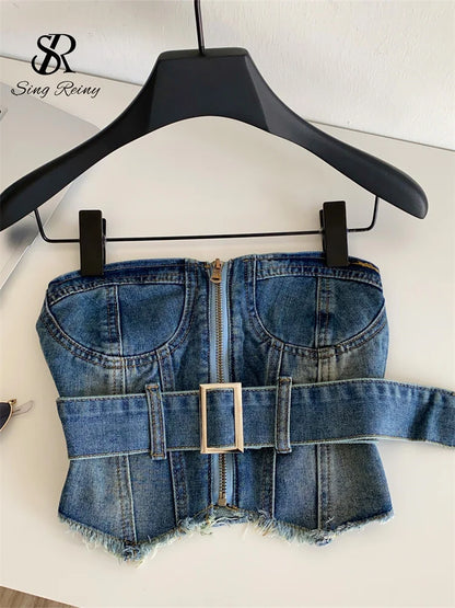 SINGREINY Vintage Denim Strapless Camis Backless Irregular Raw Hem Slim Distressed Crop Top Ladies Sashes Sexy Club Lingerie Top