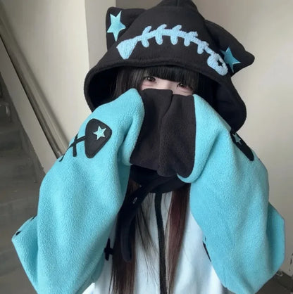 Japanese Cat Ear Fish Bone Hoodie Women Subculture Vintage Y2k Harajuku Punk Oversized Sweet Cardigan Zipper Sweatshirts