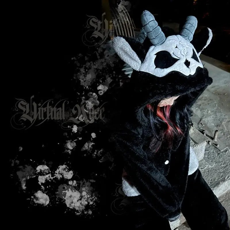 Virtual Alice Dark Gothic Demon Death Skull Horned Hooded Robe Thickened Coral Fleece Winter Warm Long Sleepwear Loungewear
