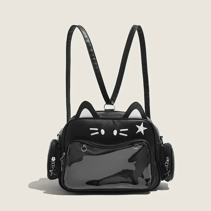 Women's Fashion Backpacks Y2K Korean Japan Kawaii Cat Ita Bag PU Cute Girls Transparent Pocket Aesthetic Shoulder Crossbody Bags