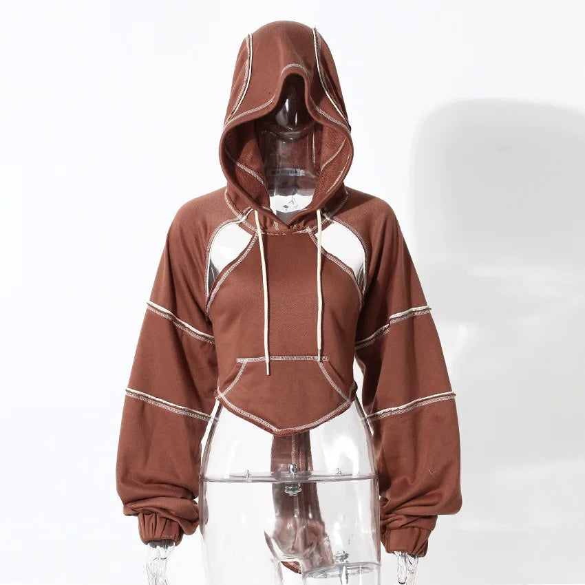 Women Hooded Sweatshirt Color Clashing Bright Line Short Top Ladies Fashion Layering Hoodie Long Sleeved Tops Hiphop Style