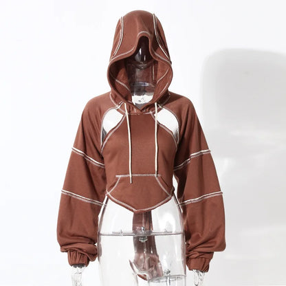 Women Hooded Sweatshirt Color Clashing Bright Line Short Top Ladies Fashion Layering Hoodie Long Sleeved Tops Hiphop Style