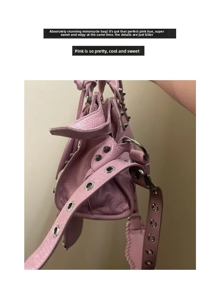 Neo Motorcycle Bag Handheld Rivet Head Layered Oil Wax Cowhide Crossbody Women's Bag Cool And Spicy Girl Retro Style Tote Bag