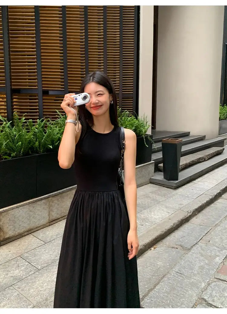 New Vintage Holiday Style Black Midi Dress Dresses for Women Clothing O Neck Office Lady Casual Pockets Women's Clothing