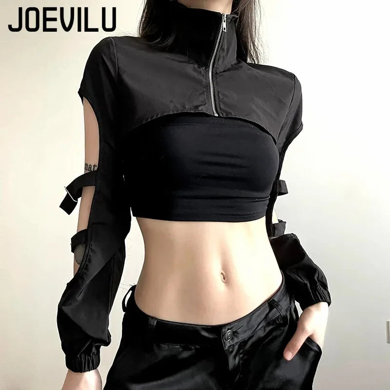JOEVILU Women's Cyberpunk Goth Harajuku Crop Long Sleeve Hollow Out Zipper T - APEX RITUAL women's jackets & coats