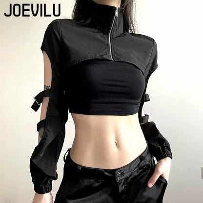 JOEVILU Women's Cyberpunk Goth Harajuku Crop Long Sleeve Hollow Out Zipper T - APEX RITUAL women's jackets & coats