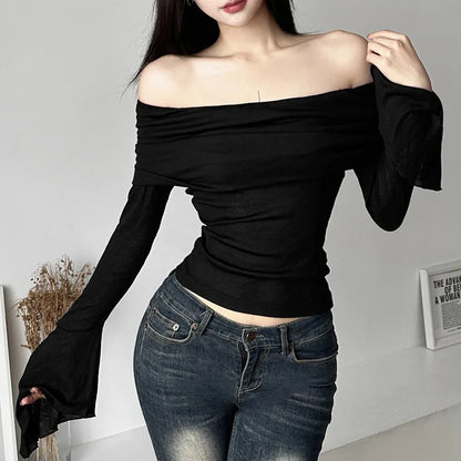 Y2k Aesthetic Simple Fashion Women's Tee Shirts Slash Neck Long Sleeve Solid Casual T-Shirts Vintage Off Shoulder Trendy Tshirts
