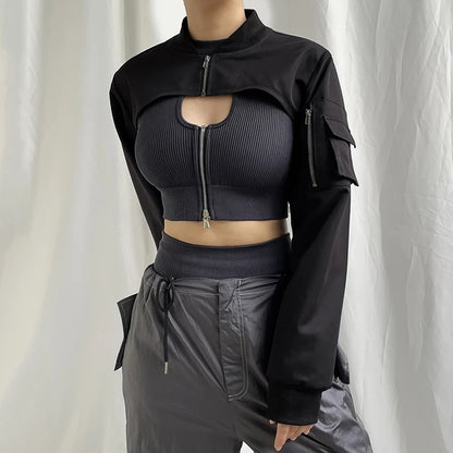 Showmirror Super-short Black Jacket Zipper Long Sleeve Harajuku Cropped Tshirt Gothic Techwear Fashion Korean Tee Punk Street