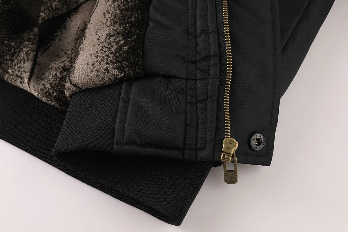 Men's Winter Warm, Hooded Jacket with Raw Edge, Lined Aviator Jacket, Embroidered Badge Design, Windproof and Waterproof Jacket
