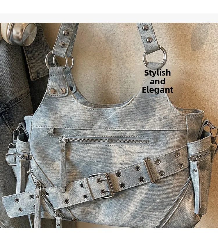 Fashionable Large Capacity Rivet Street Style Women's Tote Bag Shoulder Crossbody Bag Durable Polyester  Commuter Bag