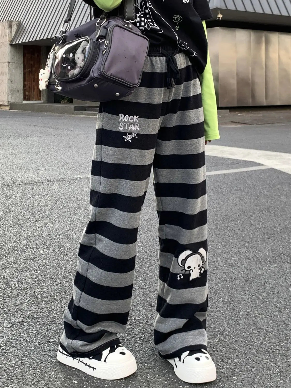 Kimotimo Punk Anime Printed Striped Pants Women Harajuku Y2k Straight Casual Long Trousers 2025 Autumn Vintage Gothic Streetwear