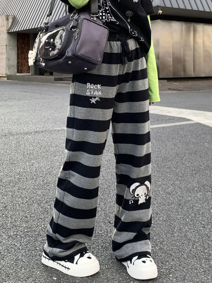Kimotimo Punk Anime Printed Striped Pants Women Harajuku Y2k Straight Casual Long Trousers 2025 Autumn Vintage Gothic Streetwear
