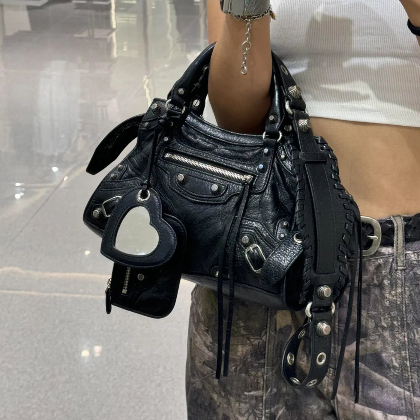 Neo Motorcycle Bag Handheld Rivet Head Layered Oil Wax Cowhide Crossbody - APEX RITUAL women's bags
