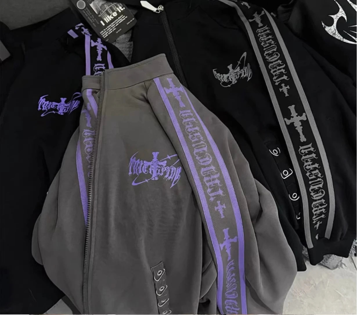 Original Printed Subculture Dark Loose Tracksuit Top and Pants Set Women's Outfits Oversized Stand Collar Zipper Sweatshirts