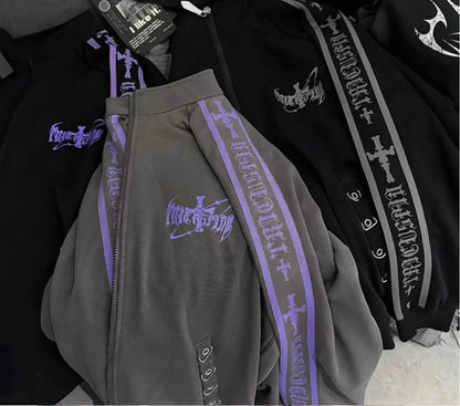 Original Printed Subculture Dark Loose Tracksuit Top and Pants Set Women's Outfits Oversized Stand Collar Zipper Sweatshirts