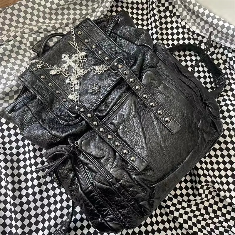 Gothic Y2k Backpack Black Grunge School Bags Pu Leather Cross Skeleton Punk Backpack Aesthetic Fashion Female Vintage Backpack