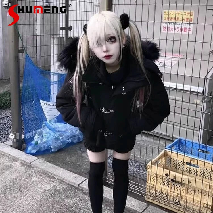 Subculture Gothic Dark Black Shorts Parkas Winter New 2025 Girls' Sweet Cool Fashion Punk Style Metal Button Hooded Coat Jacket