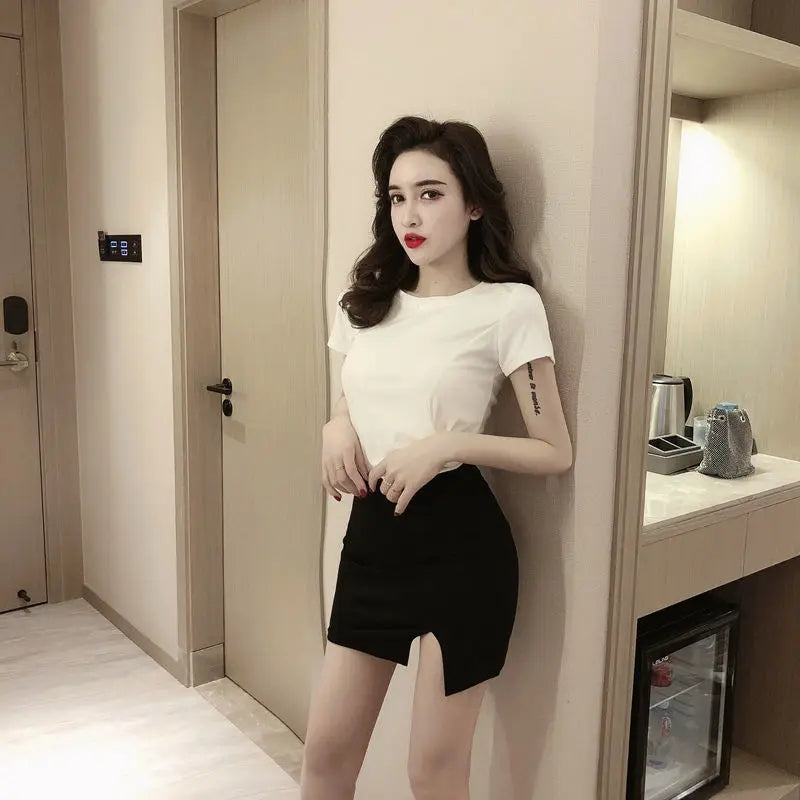 Hot Girls In Sexy Mini Women Skirts Short with Side Slit Hip Wrap Chic and Elegant Woman Skirt Korean Style Fashion High Waist