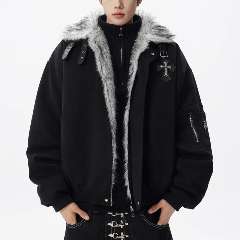 PFNW Fashion Versatile Warm Coat Autumn Winter New Men's Fur Collar High Quality Thick Cotton Jacket 28L1062